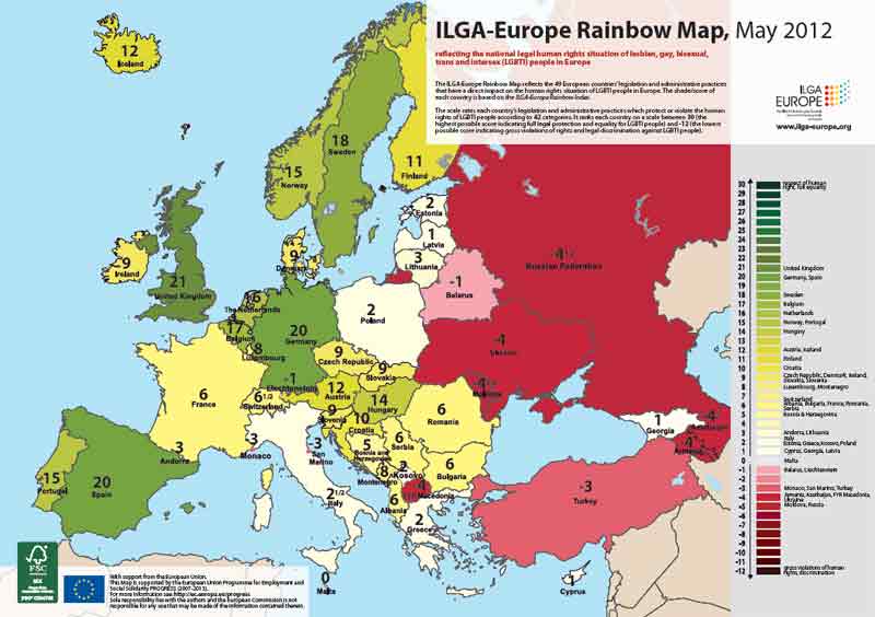 Rapporto 2012 di Ilga Europe: all'Italia solo 2,5 punti - ilga mappa 2012 a - Gay.it