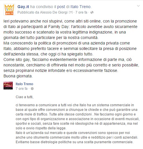 #BoicottaItalo: Italo discrimina, ecco le prove - italo treno fb gayit - Gay.it