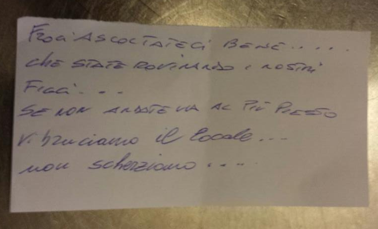 "Froci vi bruciamo il bar": minacce ad un locale di Desenzano - minacce desenzano1 - Gay.it