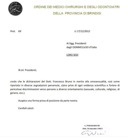 Il presidente dei medici pugliesi: "Dissociarsi da Bruno" - ordine medici brunoF2 - Gay.it