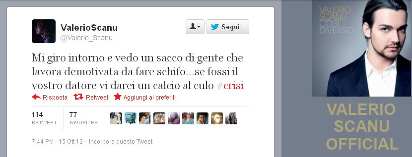 Scanu su Twitter: "Darei un calcio a chi lavora demotivato" - scanu twitterF1 - Gay.it