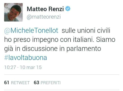 Alfano alza le barricate sulle Unioni Civili: "Niente reversibilità" - tweet renzi unioni civili - Gay.it