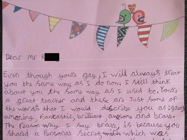 Il maestro fa coming out e l'alunna gli scrive una bellissima lettera - lettera bambina insegnante gay 1 - Gay.it