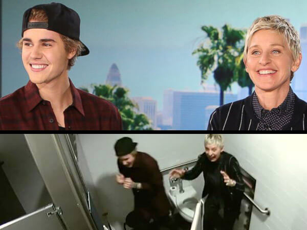 Justin Bieber e Ellen fanno sesso nel bagno delle donne. Lo scherzo