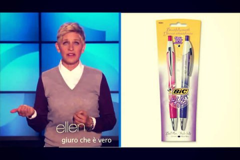 Ellen DeGeneres e la penna BIC per sole donne: il video è esilarante - Ellen DeGeneres Penne Bic da donna BS - Gay.it