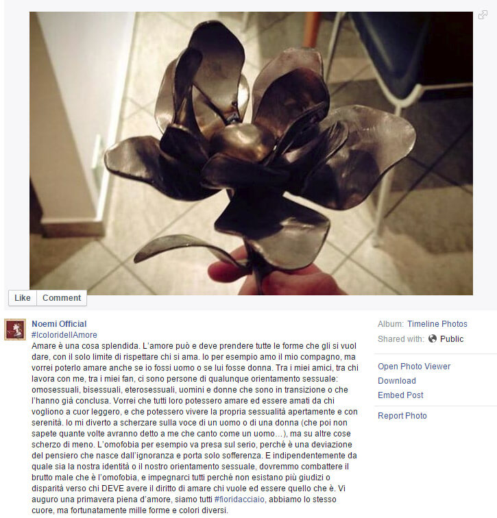 Noemi contro l'omofobia: "Tutti devono poter amare ed essere amati"