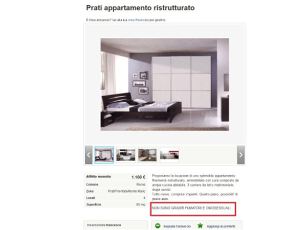 Affittasi appartamento, ma niente omosessuali (e fumatori)