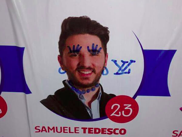 Sfregiato il manifesto elettorale di un giovane candidato gay di Aosta