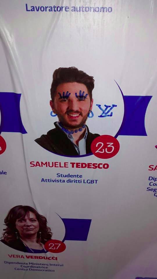 sfregiato il manifesto del candidato gay ad aosta