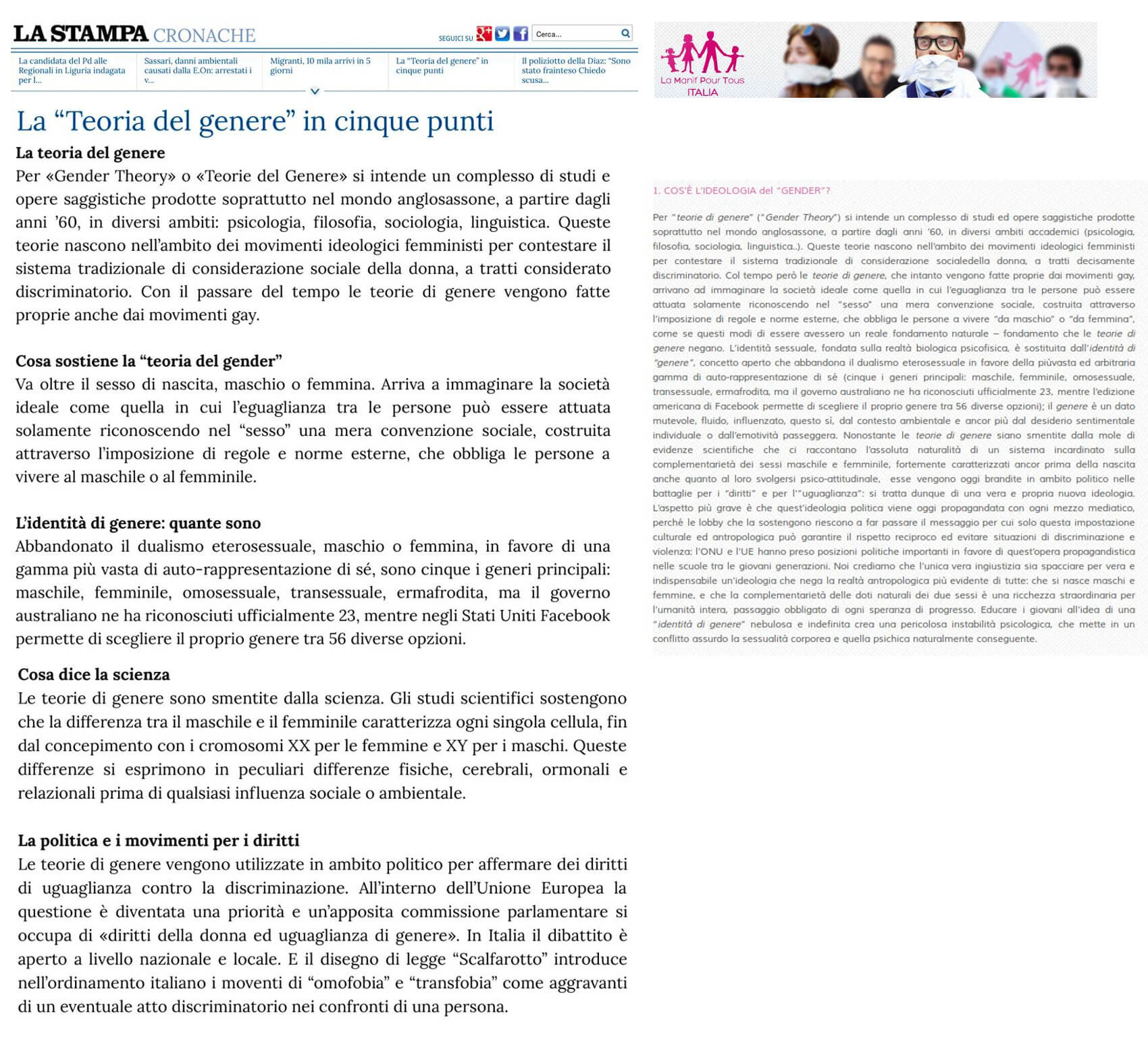 Epic fail de La Stampa: "teoria del genere" copiata da Manif Pour Tous