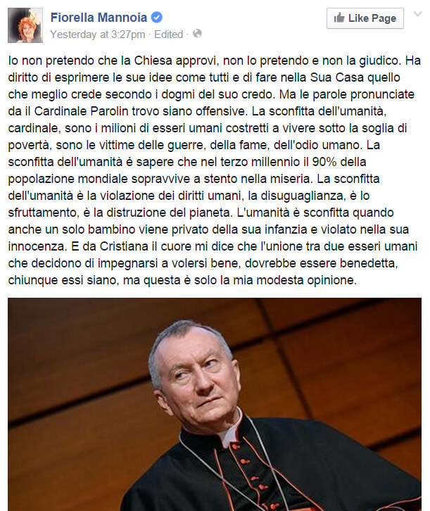 Mannoia le canta a Parolin: "Ecco le vere sconfitte dell'umanità"