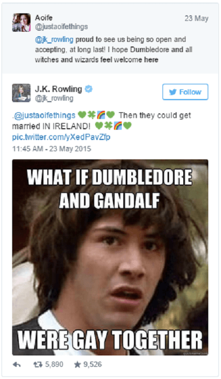 J.K. Rowling: "Ora Silente e Gandalf possono sposarsi in Irlanda"