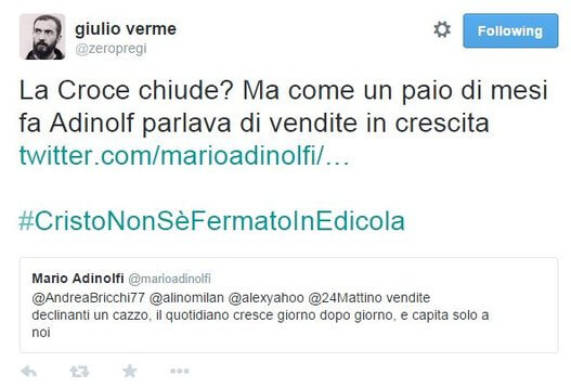Adinolfi: "La Croce non sarà più stampato". E Twitter se la ride