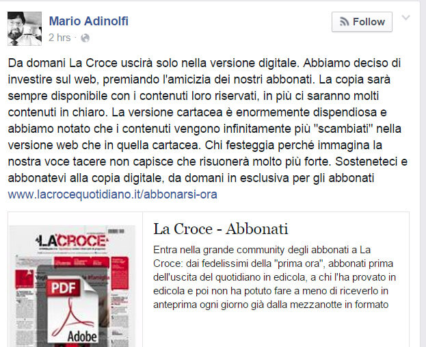 Adinolfi: "La Croce non sarà più stampato". E Twitter se la ride