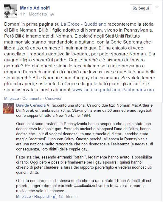 Adinolfi la spara grossa contro i gay ma viene sbugiardato su Facebook
