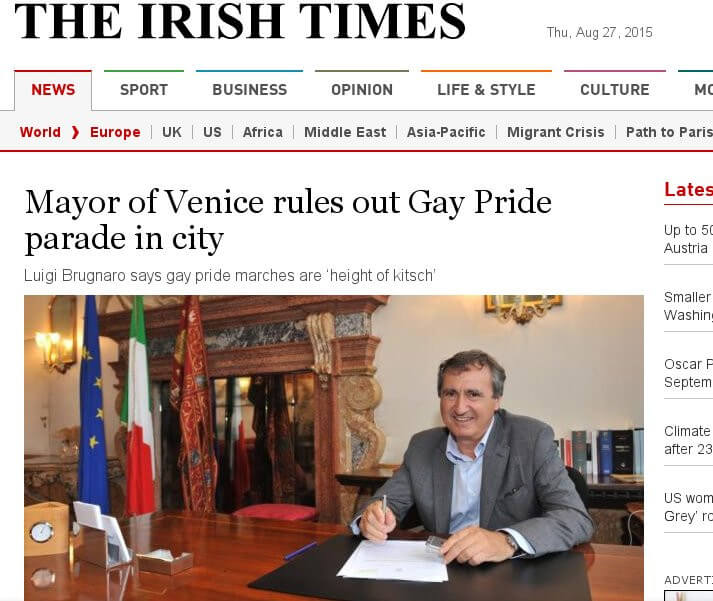 Venezia finisce sulla stampa estera per il no al pride di Brugnaro