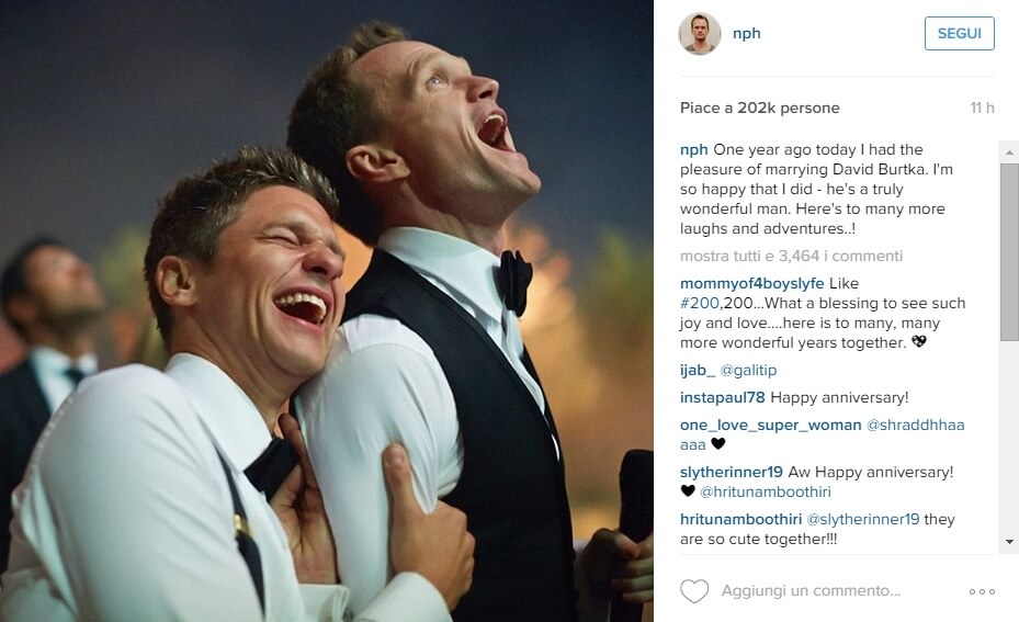 Neil Patrick Harris celebra l'anniversario di matrimonio su Instagram