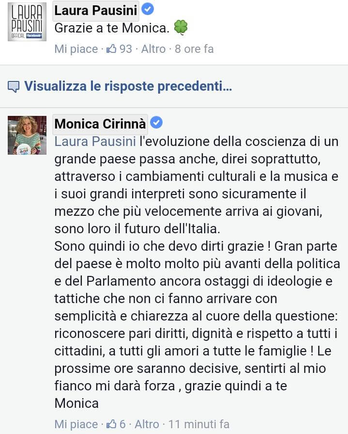 Laura Pausini ringrazia Monica Cirinnà su Facebook