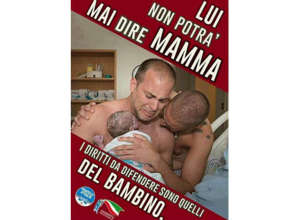 Foto di un papà gay canadese usata da Fratelli d'Italia - manifesto fratelli italia canada base - Gay.it