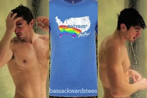 Steve Grand publicizza T-shirt rainbow Bassackwards ... senza t-shirt - steve grand bassackwards tshirt rainbow - Gay.it