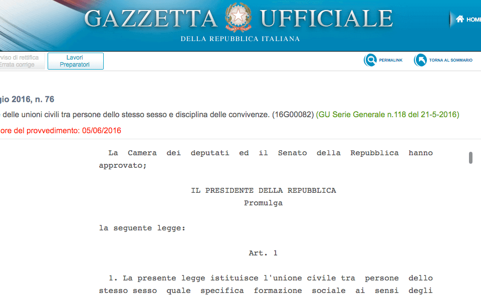 Unioni civili sulla Gazzetta Ufficiale: sono legge di Stato - Schermata 05 2457530 alle 13.07.11 - Gay.it