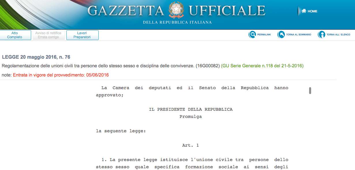 Unioni civili sulla Gazzetta Ufficiale: sono legge di Stato