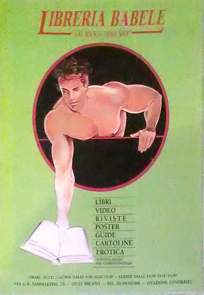 Pubblicità della libreria Babele di via Sammartini, la prima libreria LGBT italiana, aperta nel 1987 da Felix Cossolo.