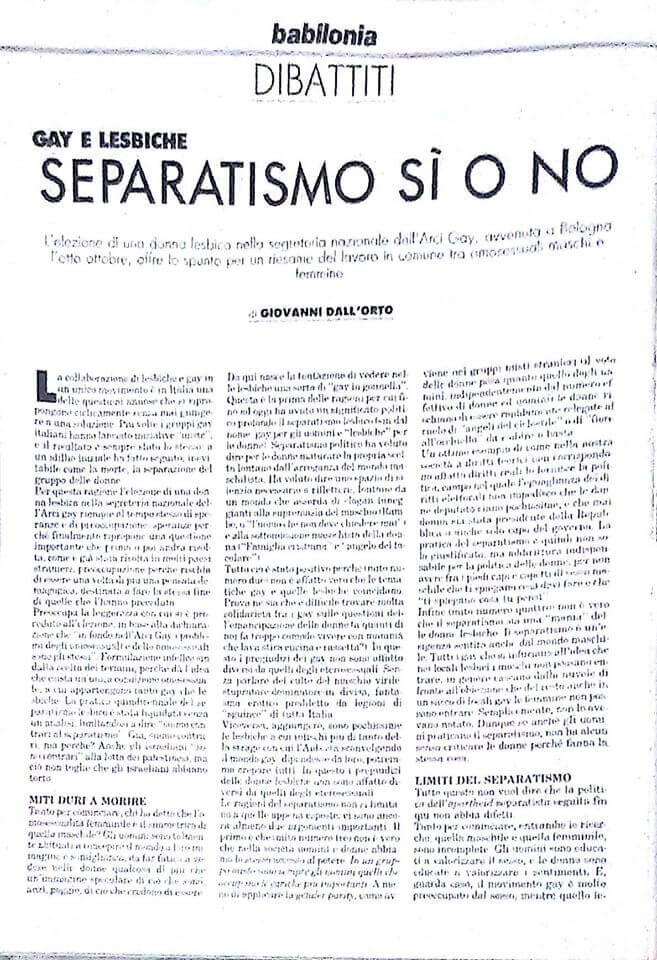 Una riflessione di Giovanni Dall'Orto sul rapporto tra omosessuali maschi e femmine all'interno del movimento LGBT italiano. Da "Babilonia" numero 62, dicembre 1988.