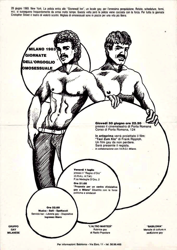 Volantino con il programma delle attività correlate alle "Giornate dell'orgoglio omosessuale", Milano, 1983. Gli organizzatori erano il Gruppo gay milanese (precursore del Centro d'iniziativa gay), la trasmissione radiofonica L'altro martedì, e la rivista "Babilonia".