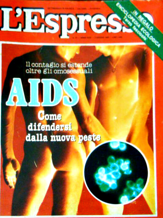 "L'Espresso", numero 22, 2 giugno 1985. Con la copertina riferita ad un articolo in cui si evidenzia, con toni non sempre condivisibili, come la diffusione di casi da AIDS non sia limitata alla sola comunità gay.