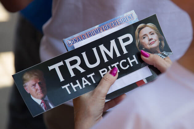 TERRE HAUTE, IN - MAY 01: Guests wait in line before Republican presidential candidate Donald Trump addresses a rally at the Indiana Theater on May 1, 2016 in Terre Haute, Indiana. Trump is campaigning in Indiana ahead of the state's primary election on May 3. (Photo by Charles Ledford/Getty Images)