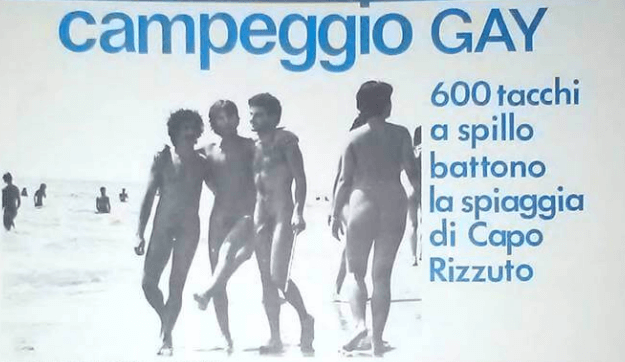 Questa immagine del campeggio di Capo Rizzuto fu pubblicata su "Lambda" e, di recente, è stata ripresa da "Il Giornale" con intento denigratorio nei confronti di Nichi Vendola (al centro) con Felix Cossolo e Terzo Molari.