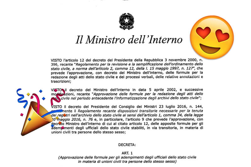 Ministero dell’Interno pubblica le formule: è davvero tutto pronto per le unioni civili!