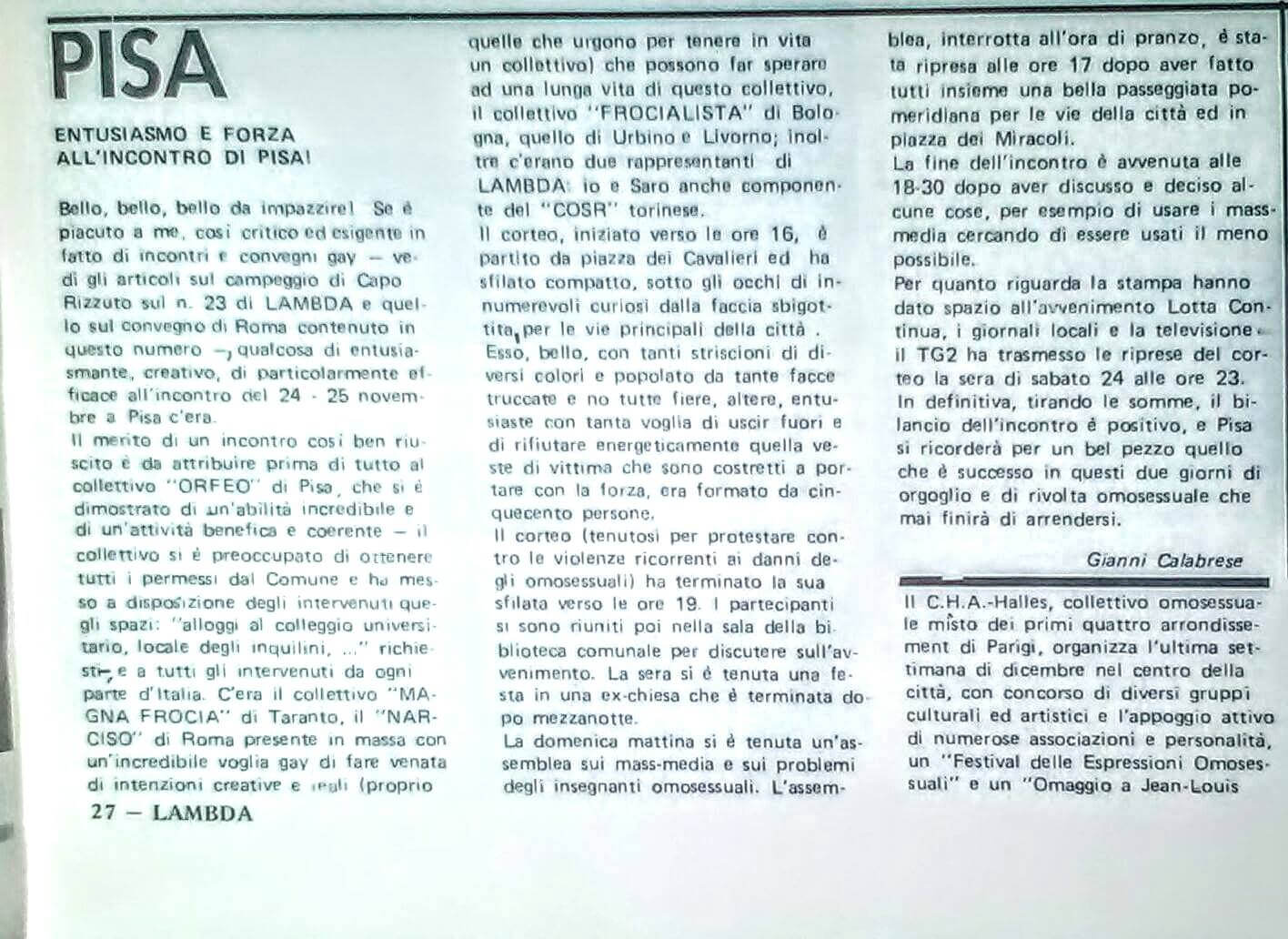 Articolo di Gianni Calabrese sulla manifestazione contro la violenza sulle persone LGBT tenutasi a Pisa il 24 novembre 1979.