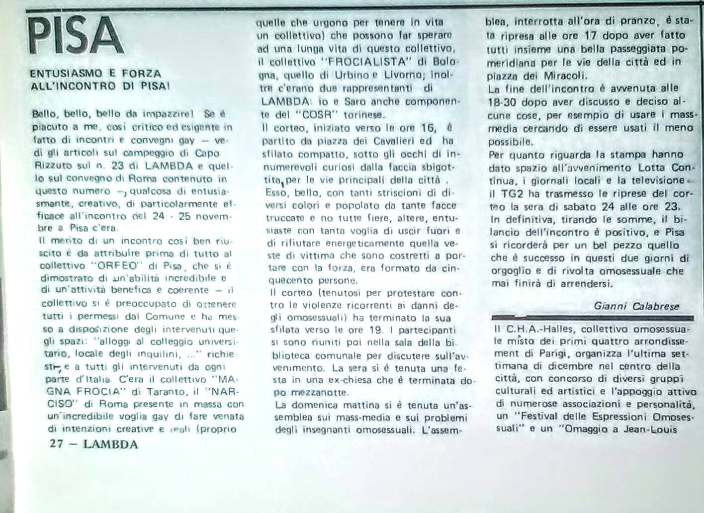 Articolo di Gianni Calabrese sulla manifestazione contro la violenza sulle persone LGBT tenutasi a Pisa il 24 novembre 1979.