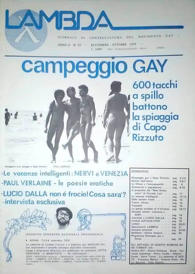 Copertina dedicata al campeggio gay di Capo Rizzuto, "Lambda", n. 23, settembre l'ottobre 1979.
