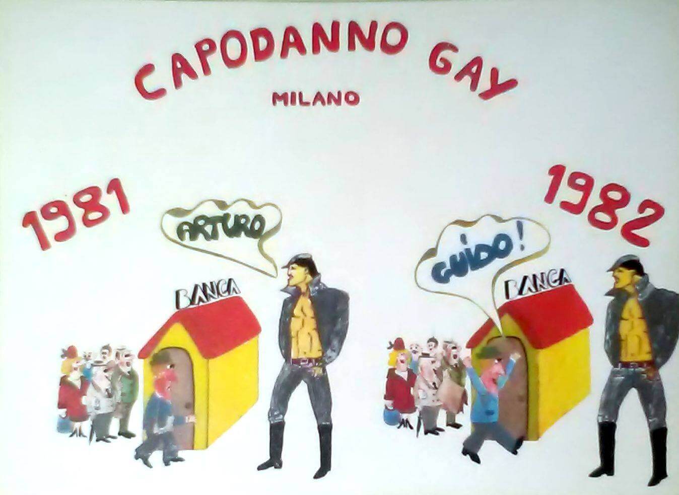 Cartolina per pubblicizzare la festa di capodanno organizzata a Milano dal Fuori!.