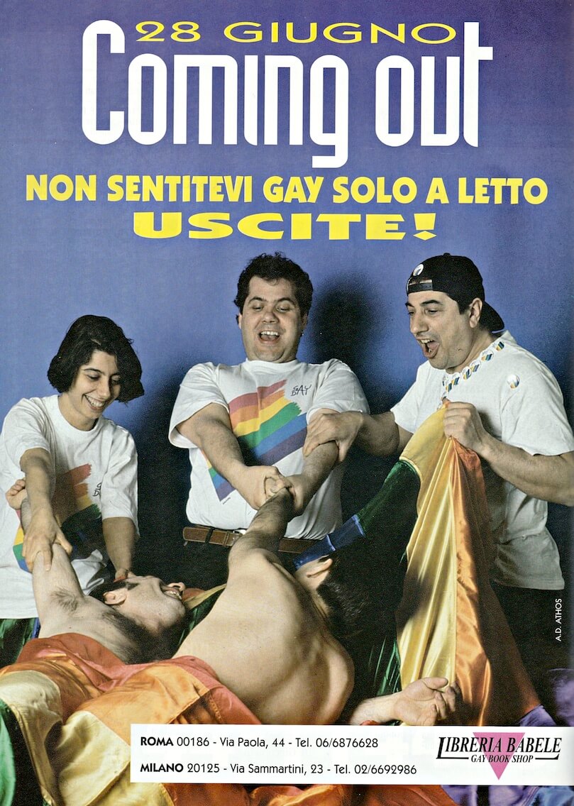 Pubblicità per la rivista "Babilonia" delle due librerie Babele. Nel 1993 nasce la libreria Babele di Roma, prima ubicata in Via Paola 44, e poi in Via Dei Banchi Vecchi 116.