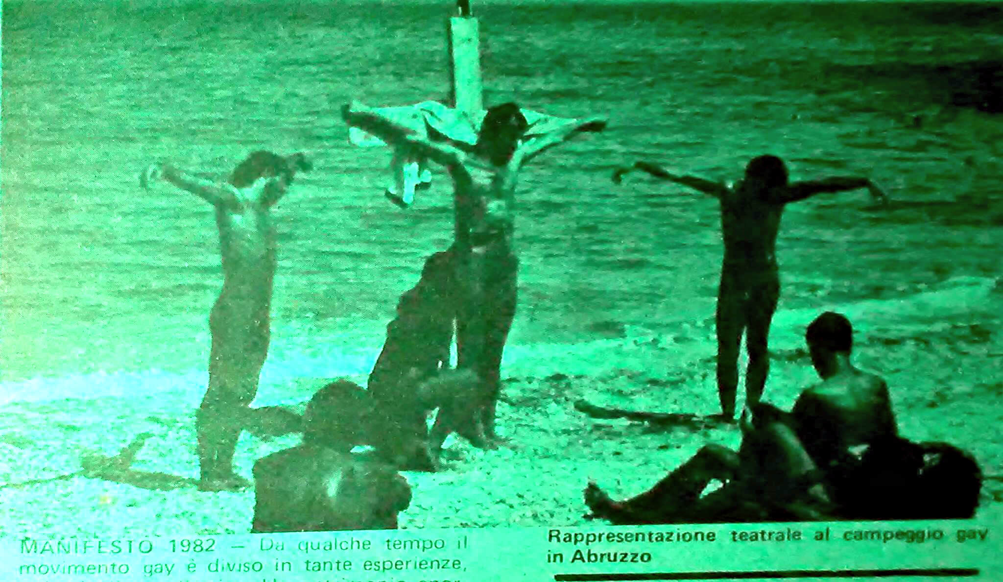 Una passione di Gesù cristo in chiave gay, al campeggio di Ortona del 1981. Da "Lambda", numero 9, febbraio 1982.
