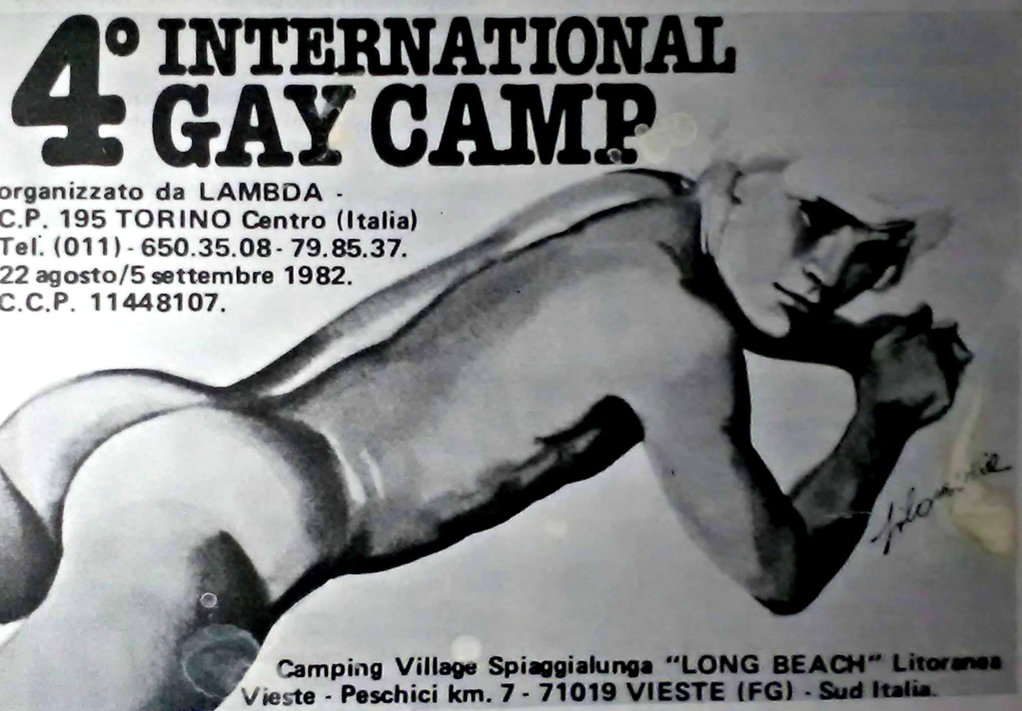 Pubblicità del quarto International gay camp, svoltosi nell'estate del 1982 a Vieste, in Puglia. Durante questo campeggio venne presentato il numero zero della rivista "Babilonia".