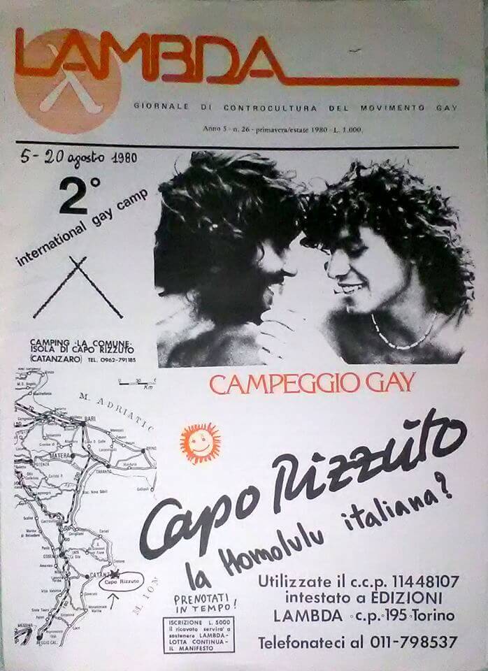 "Lambda", numero 26, primavera-estate 1980, con copertina in cui si pubblicizza il secondo International gay camp, svoltosi a Isola di Capo Rizzuto, come l'anno precedente. Nella foto, sulla destra, si riconosce Marco Sanna.