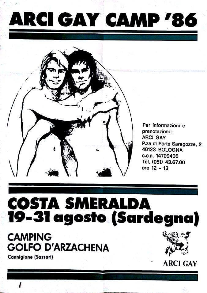 Poster del campeggio gay tenutosi dal 19 al 31 agosto in Costa Smeralda, Sardegna. Come si può vedere, l'organizzazione è ormai passata ad Arcigay.
