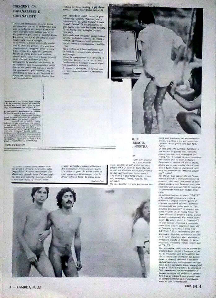 Nichi Vendola e Terzo Molari durante il primo International gay camp a Isola di Capo Rizzuto, da "Lambda", numero 23, settembre-ottobre 1979.