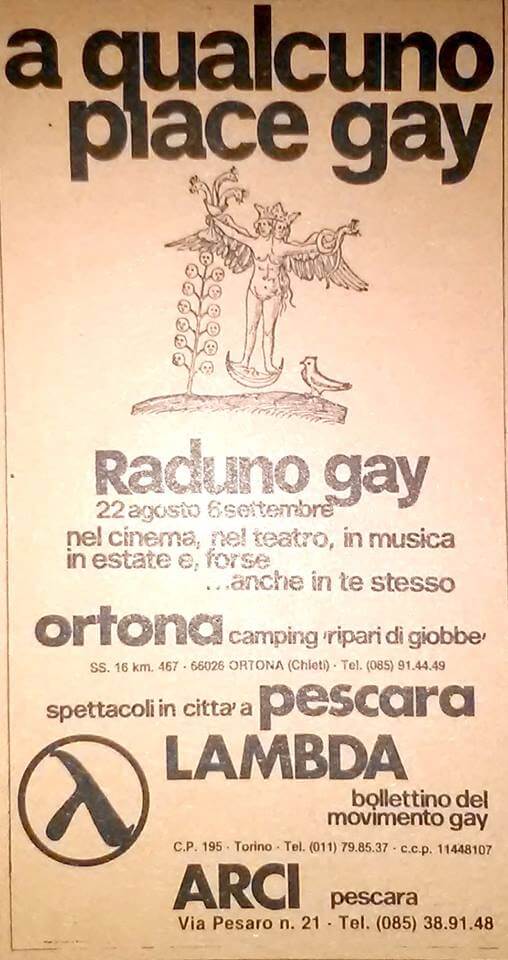 Pubblicità della rassegna "A qualcuno piace gay", svoltasi durante l'International gay camp di Ortona, nel 1981.