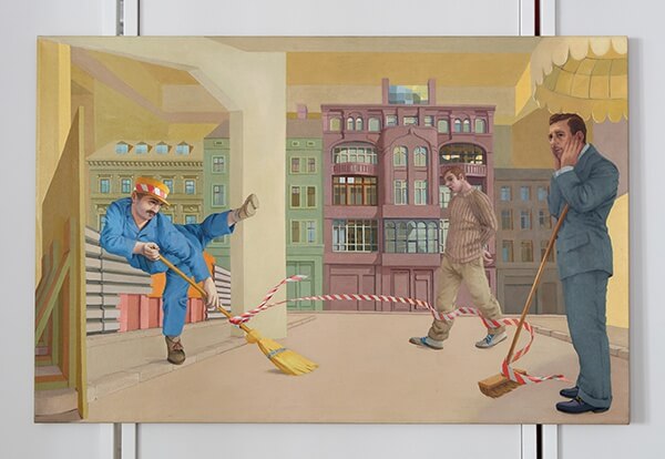 Lukas Duwenhogger, Choreography for 3 Men, 2 Brooms and Caution tape, 1994