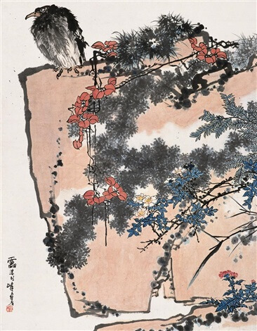 Pan Tianshou, 鹰石山花之图 (Eagle, Rock, and Flora)