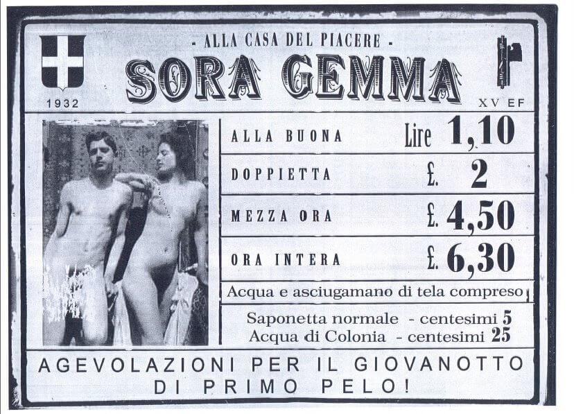 Il tariffario di una casa chiusa italiana, nel 1932.