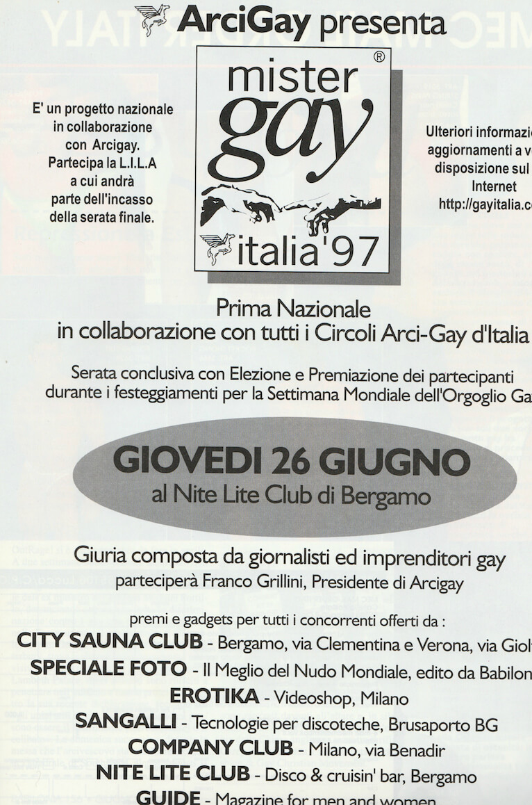 Programma della prima edizione di Mister Gay Italia, tenutasi al Nite Lite Club di Bergamo il 26 giugno 1997.