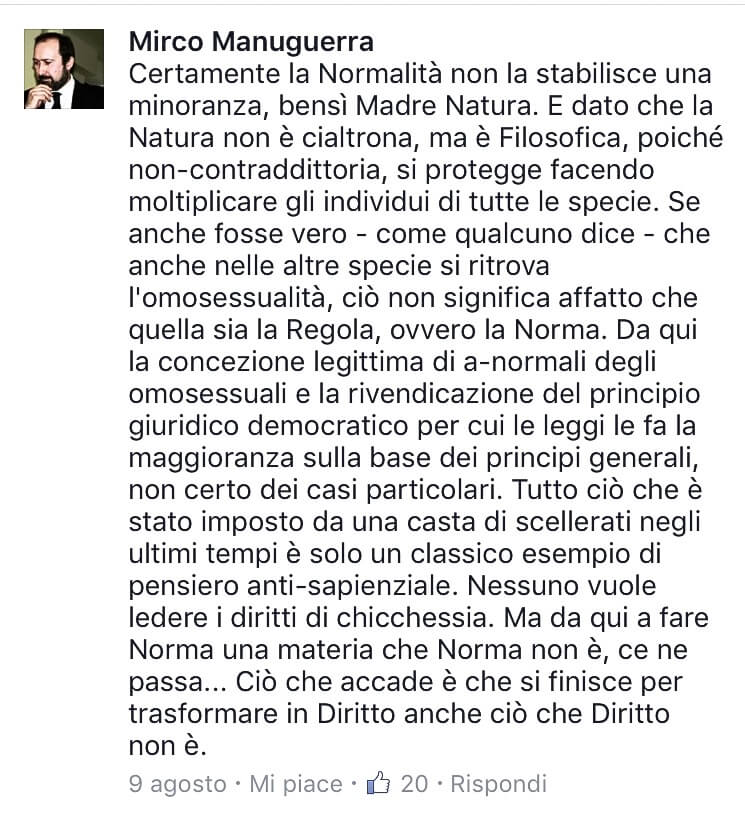 Vergognoso linciaggio omofobo del Presidente Centro Studi Danteschi su Facebook: "Rotti in culo, morirete tutti di AIDS"