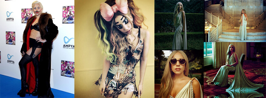 Da destra: Lady Gaga in Germania, con look post-nazista ispirato a Dalì e al Wunderbar. In Giappone, versione Harajuku/anime con occhi dipinti da manga. In India: moodboard aristocratica di nuova Dehli/bollywood.